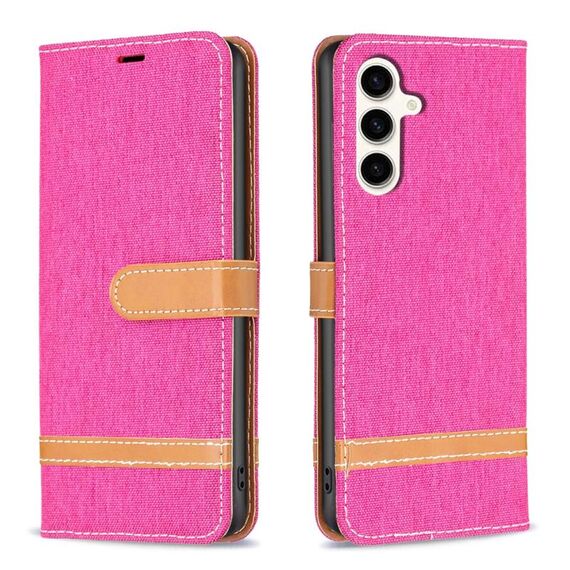 Custodia in pelle per Samsung Galaxy S23 FE 5G Color Block Denim Texture (rosa rossa)