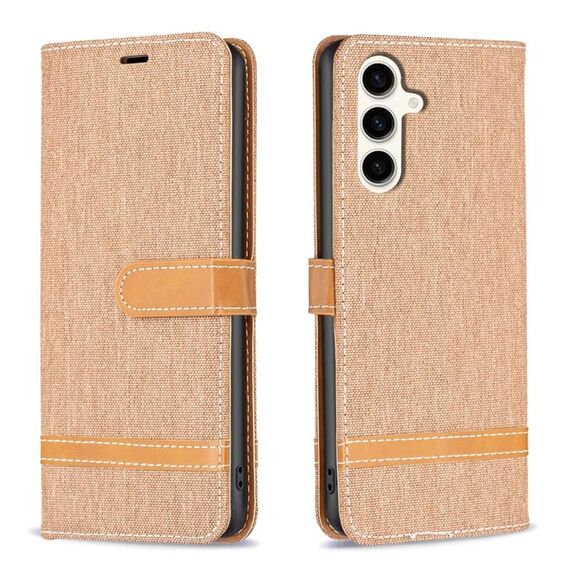 Per Samsung Galaxy S23 FE 5G Custodia per telefono in pelle con texture denim a blocchi di colore (marrone)