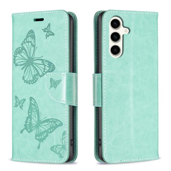 Per Samsung Galaxy S23 FE 5G Custodia in pelle con motivo a due farfalle in rilievo (verde)