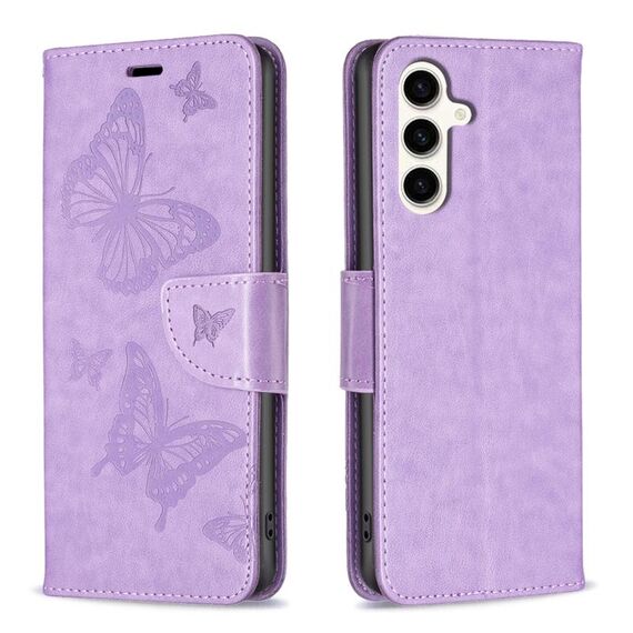 Per Samsung Galaxy S23 FE 5G Custodia in pelle con motivo a due farfalle in rilievo (viola)