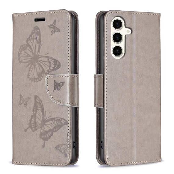 Per Samsung Galaxy S23 FE 5G Custodia in pelle con motivo a due farfalle in rilievo (grigio)