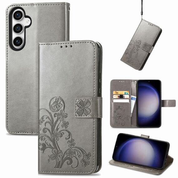 Per Samsung Galaxy S23 FE 5G Custodia per telefono in pelle con fibbia in rilievo con chiusura a quattro foglie (grigio)