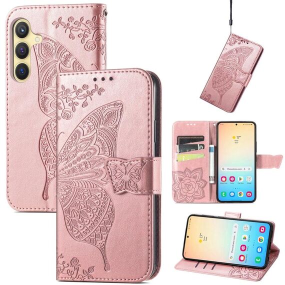 Per Samsung Galaxy S23 FE 5G Custodia per telefono in pelle goffrata farfalla amore fiore (oro rosa)