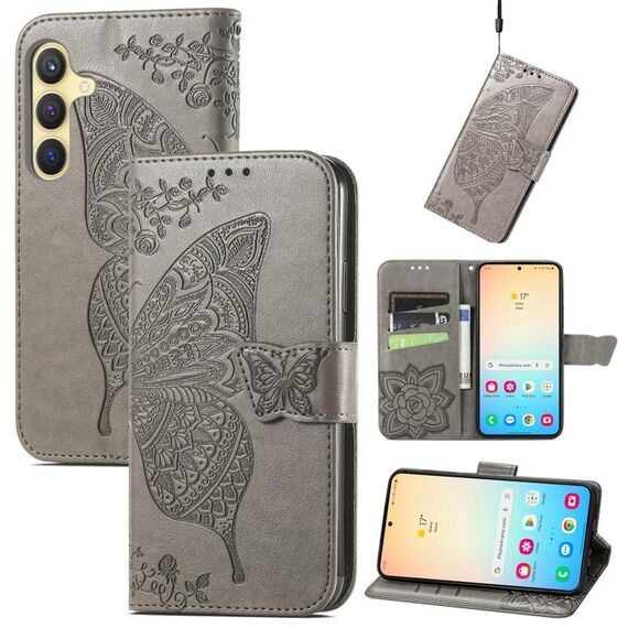 Custodia in pelle goffrata per Samsung Galaxy S23 FE 5G Butterfly Love Flower (grigio)