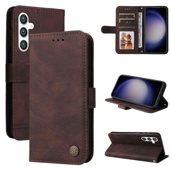 Per Samsung Galaxy S23 FE 5G Skin Feel Life Tree Custodia in pelle con bottone in metallo (marrone)