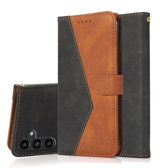 Per Samsung Galaxy S23 FE 5G Custodia in pelle con cuciture a due colori (nero marrone)