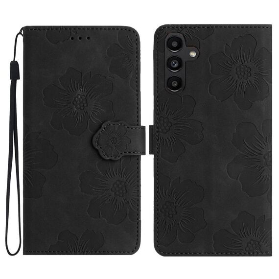 Per Samsung Galaxy S23 FE 5G Custodia in pelle con motivo floreale in rilievo (nero)