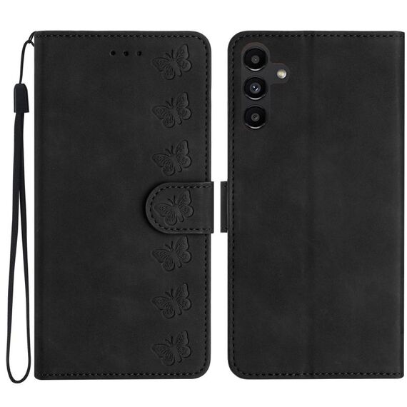 Per Samsung Galaxy S23 FE 5G Custodia in pelle goffrata con sette farfalle (nera)
