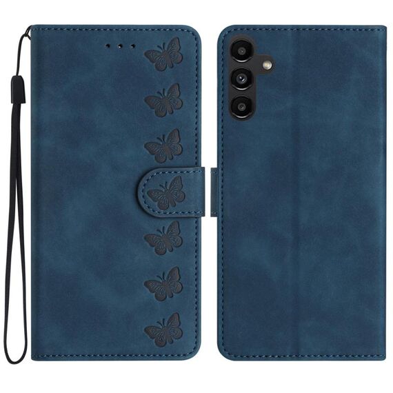 Per Samsung Galaxy S23 FE 5G Custodia in pelle goffrata con sette farfalle (blu)