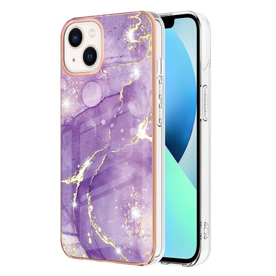 Custodia per telefono antiurto in TPU IMD a doppio lato con motivo in marmo galvanico per iPhone 15 (viola 002)