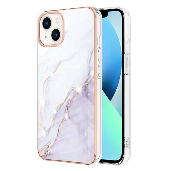 Custodia per telefono antiurto in TPU IMD a doppio lato con motivo in marmo galvanico per iPhone 15 Plus (bianco 006)