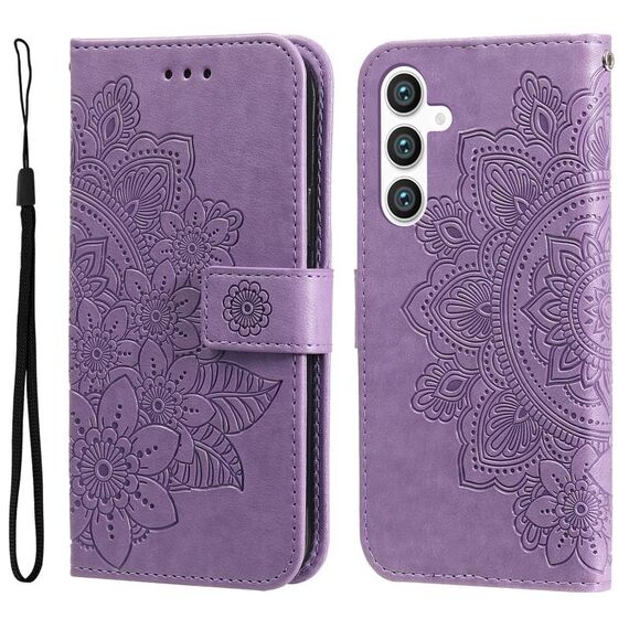 Per Samsung Galaxy S23 FE 5G Custodia per telefono in pelle goffrata con fiori a 7 petali (viola chiaro)