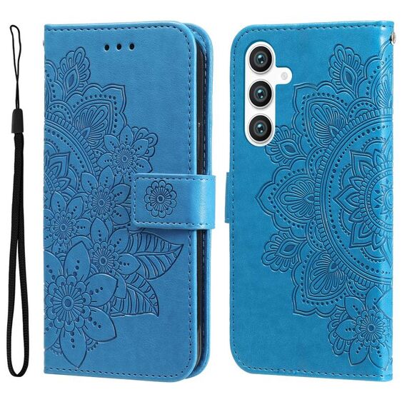 Per Samsung Galaxy S23 FE 5G Custodia per telefono in pelle goffrata con fiori a 7 petali (blu)