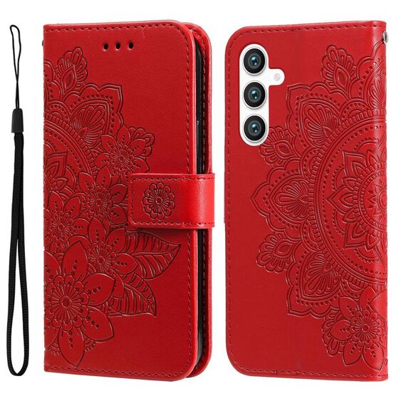 Per Samsung Galaxy S23 FE 5G Custodia per telefono in pelle goffrata con fiori a 7 petali (rosso)