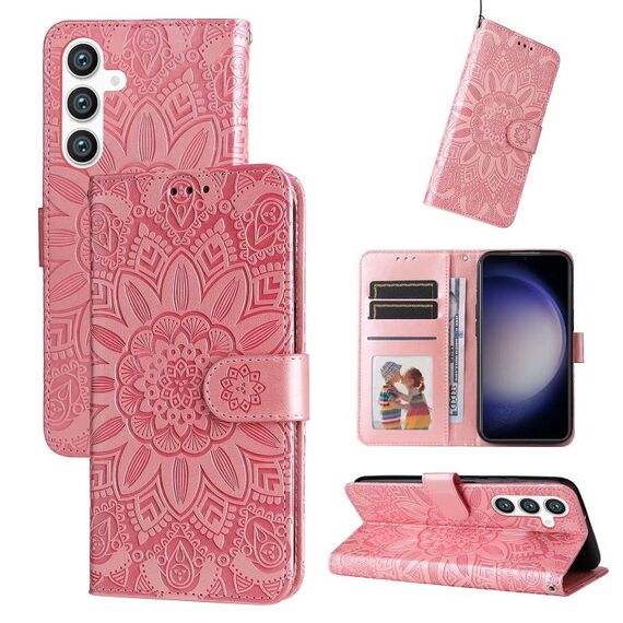 Per Samsung Galaxy S23 FE 5G Custodia per telefono in pelle di girasole goffrata (oro rosa)
