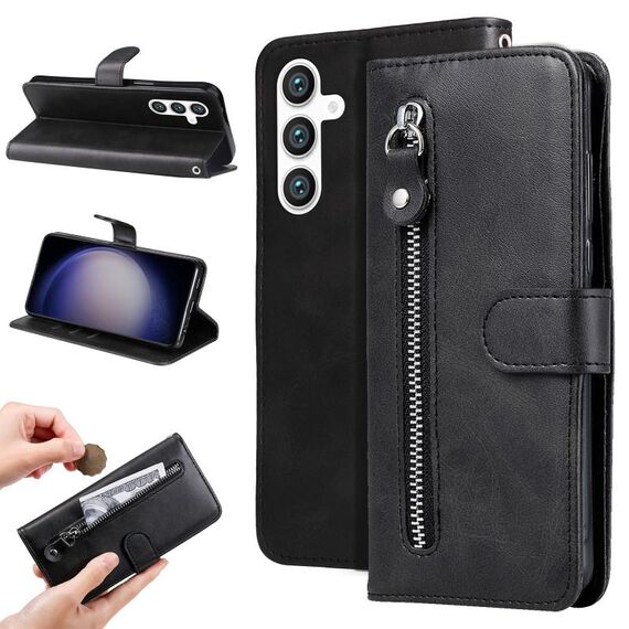Per Samsung Galaxy S23 FE 5G Custodia per telefono in pelle con cerniera texture vitello moda (nero)