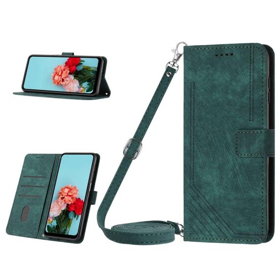 Per Samsung Galaxy S23 FE 5G Custodia in pelle con motivo a strisce Skin Feel con cordino (verde)