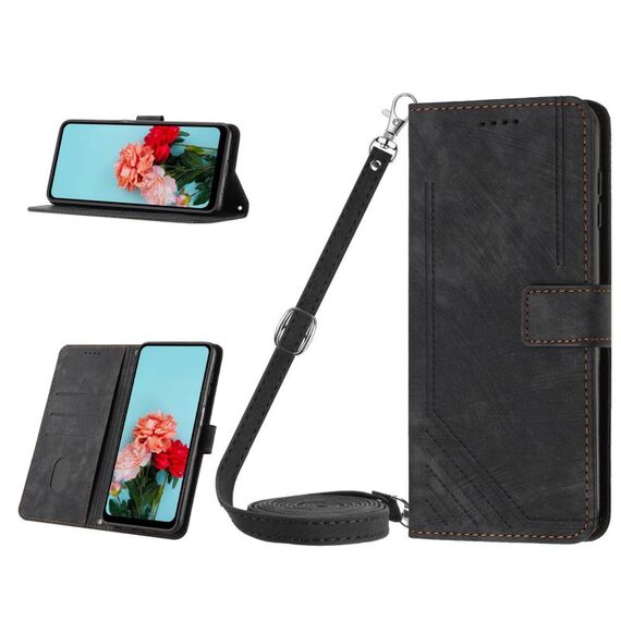 Per Samsung Galaxy S23 FE 5G Custodia per telefono in pelle con motivo a strisce Skin Feel con cordino (nero)