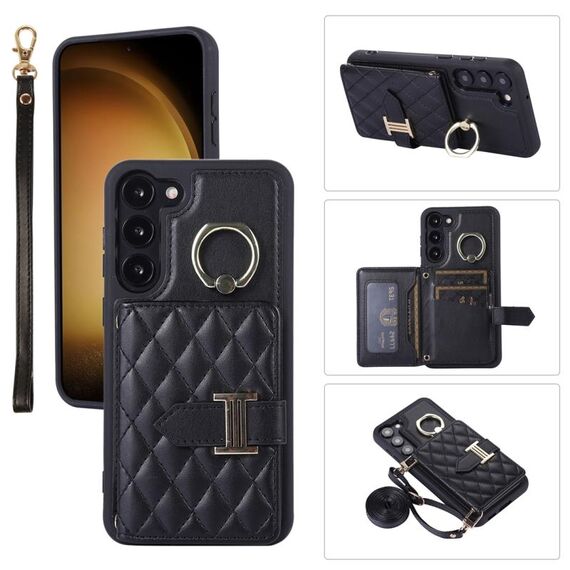 Per Samsung Galaxy S22 5G Custodia per cellulare con porta carte orizzontale con doppio cordino (nero)