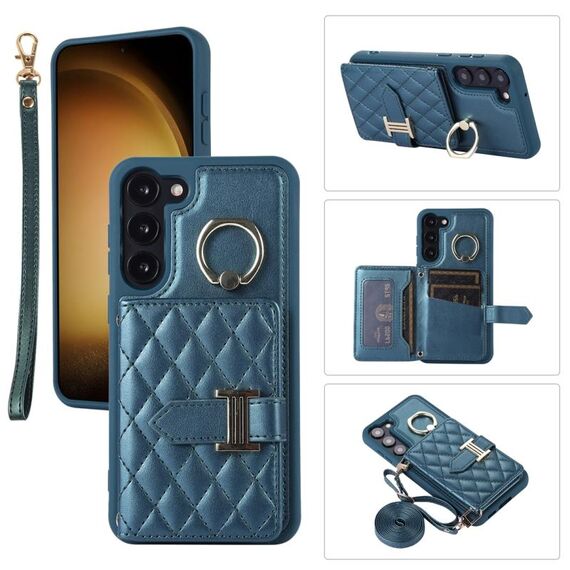 Per Samsung Galaxy S23 + 5G Custodia per cellulare con porta carte orizzontale con doppio cordino (verde scuro)