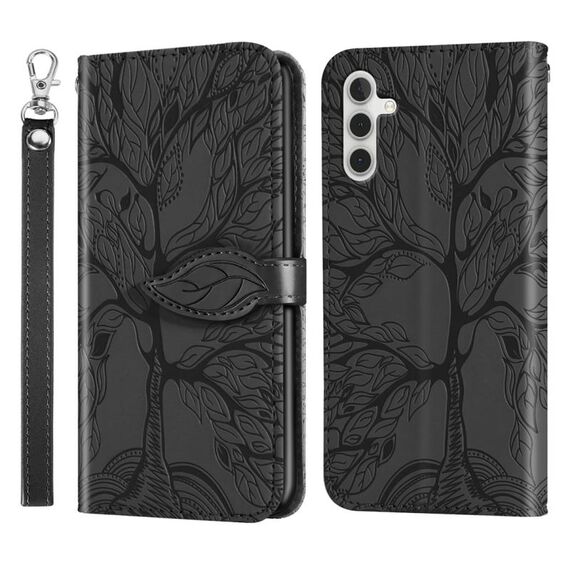 Per Samsung Galaxy S23 FE 5G Custodia per telefono in pelle con motivo in rilievo albero della vita (nero)