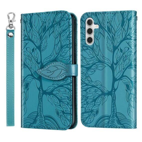 Per Samsung Galaxy S23 FE 5G Custodia per telefono in pelle con motivo a rilievo albero della vita (blu)