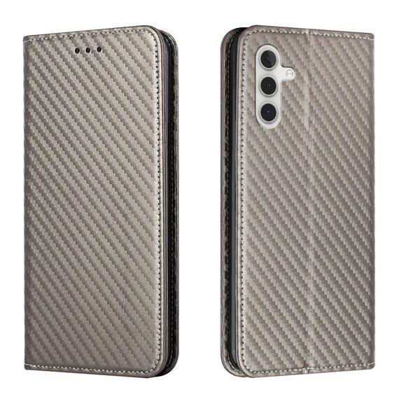 Per Samsung Galaxy S23 FE 5G Custodia in pelle con supporto a vibrazione in fibra di carbonio (grigio)