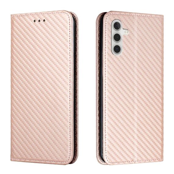 Per Samsung Galaxy S23 FE 5G Custodia in pelle con supporto a vibrazione in fibra di carbonio (oro rosa)