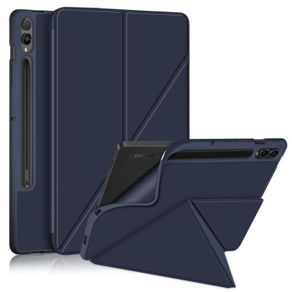 Per Samsung Galaxy Tab S9+ Custodia per tablet in pelle multi-pieghevole con struttura in tessuto (blu scuro)