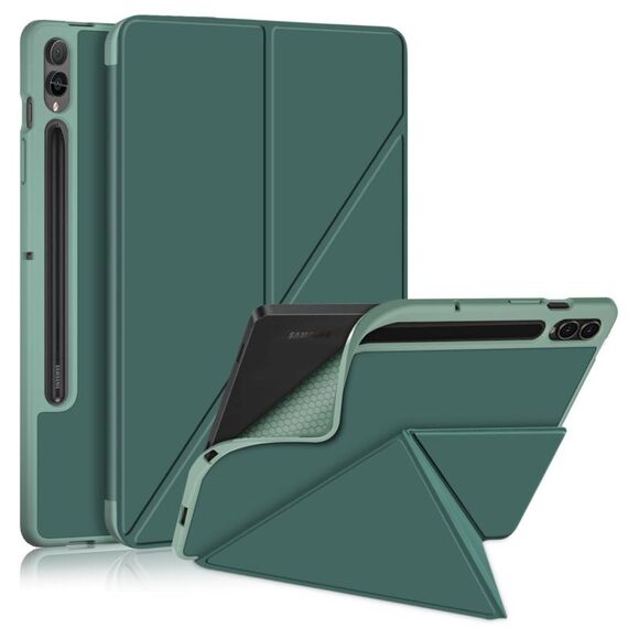 Per Samsung Galaxy Tab S9+ Custodia per tablet in pelle multi-pieghevole con struttura in tessuto (verde scuro)