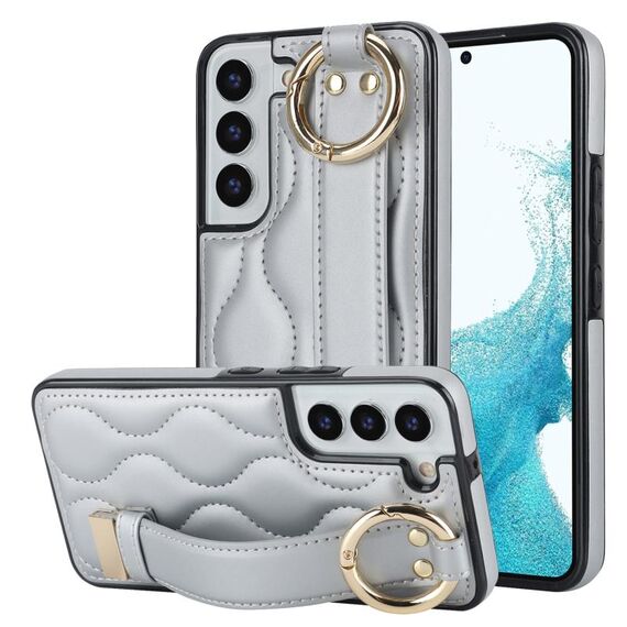 Per Samsung Galaxy S22+ Custodia antiscivolo per telefono in PU con anello a copertura totale con cinturino (argento)