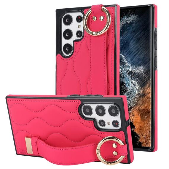 Per Samsung Galaxy S22 Ultra Custodia per telefono in PU con anello a copertura totale antiscivolo con cinturino (rosa rossa)