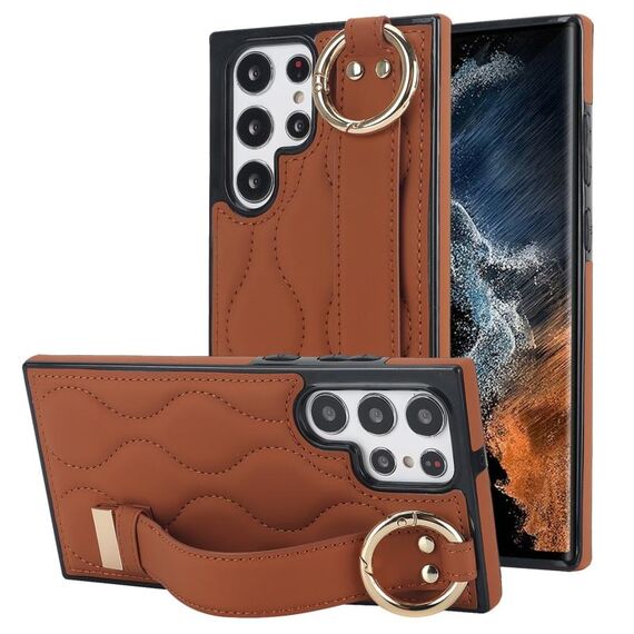 Per Samsung Galaxy S22 Ultra Custodia per telefono in PU ad anello a copertura totale antiscivolo con cinturino (marrone)
