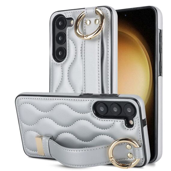 Per Samsung Galaxy S23 Custodia antiscivolo per telefono in PU con anello a copertura totale con cinturino (argento)