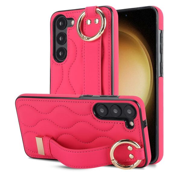 Per Samsung Galaxy S23 Custodia antiscivolo per telefono in PU con anello a copertura totale con cinturino (rosa rossa)