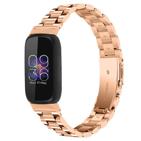 Per Fitbit Inspire 3 Cinturino per orologio in acciaio inossidabile con fibbia piatta a tre perline (oro rosa)