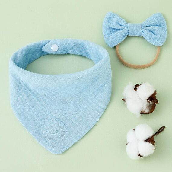 Asciugamano bava di garza di cotone per bambini + Set di fascia per capelli con fiocco Bavaglini (azzurro cielo)