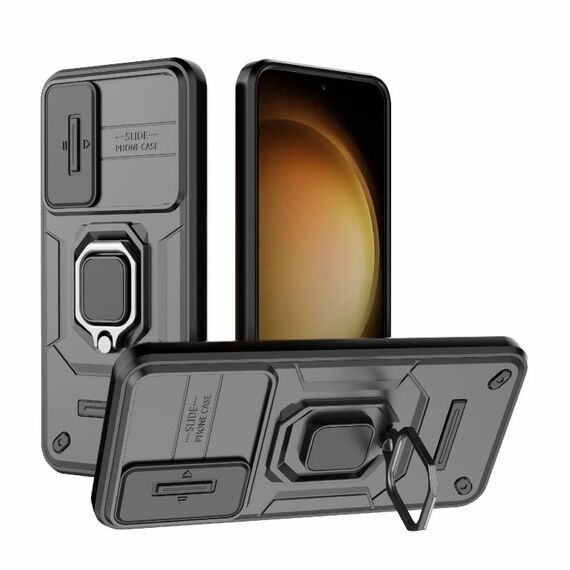 Per Samsung Galaxy S23 + 5G Custodia per telefono antiurto con camshield scorrevole in TPU + PC con supporto (nero)