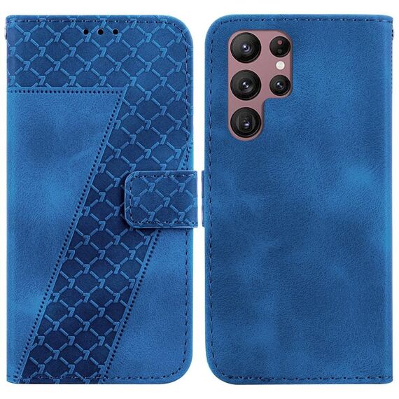Custodia per telefono in pelle goffrata a forma di 7 per Samsung Galaxy S22 Ultra 5G (blu)