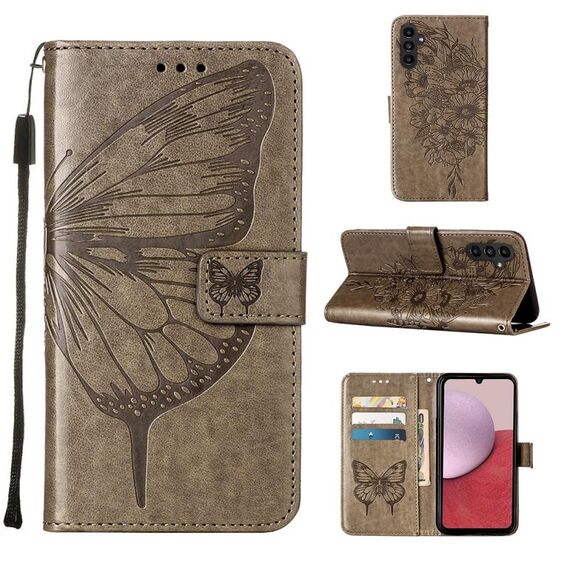 Per Samsung Galaxy S23 FE 5G Custodia in pelle con farfalla goffrata (grigio)