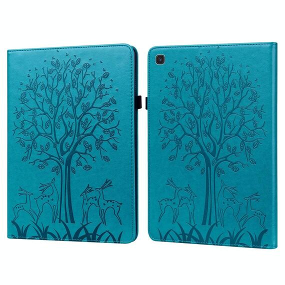 Custodia per tablet in pelle goffrata con motivo ad albero e cervo per Samsung Galaxy Tab S5e (blu)