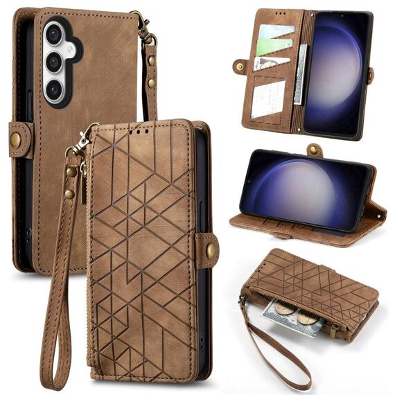 Custodia in pelle per Samsung Galaxy S23 FE 5G con cerniera geometrica e fibbia laterale (marrone)