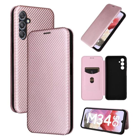 Per Samsung Galaxy M34 5G Custodia per cellulare in pelle con texture in fibra di carbonio (rosa)