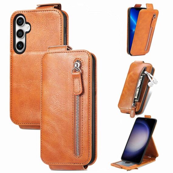 Per Samsung Galaxy S23 FE 5G Portafoglio con cerniera Custodia per telefono in pelle con vibrazione verticale (marrone)
