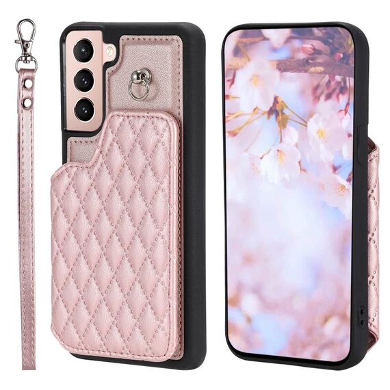 Per Samsung Galaxy S22+ 5G Custodia per telefono con struttura a griglia e cordino (oro rosa)
