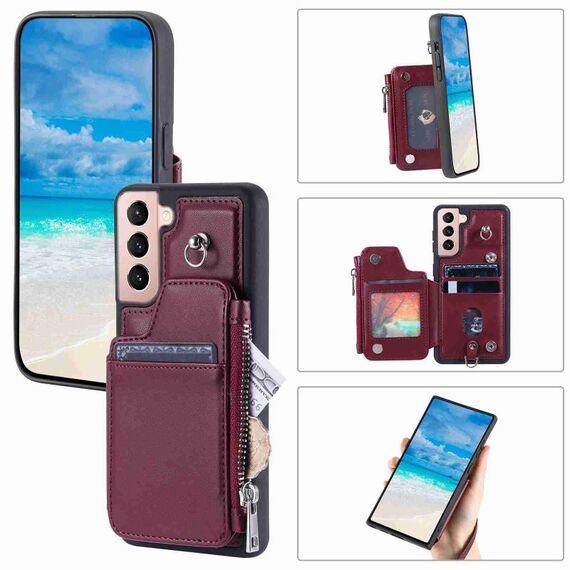 Per Samsung Galaxy S22+ 5G Slot per schede con cerniera Custodia per telefono RFID (vino rosso)