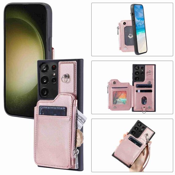 Per Samsung Galaxy S22 Ultra 5G Slot per schede con cerniera Custodia per telefono RFID (oro rosa)