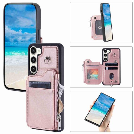 Per Samsung Galaxy S23 5G Slot per schede con cerniera Custodia per telefono RFID (oro rosa)