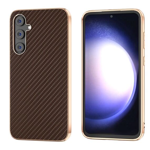 Per Samsung Galaxy S23 FE 5G Nano Galvanotecnica Custodia per telefono con struttura in fibra di carbonio (marrone scuro)