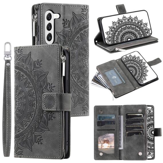 Custodia per telefono in pelle con cerniera totem multischeda per Samsung Galaxy S23+ 5G (grigio)